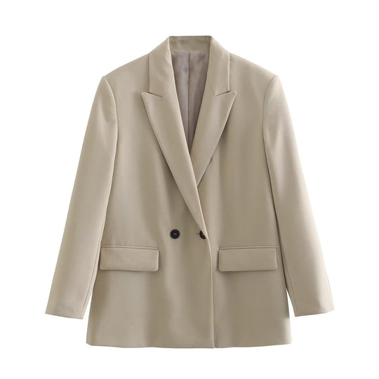 Damen Doppelreihiger Longblazer mit weitem Schalkragen und Pattentaschen Shop Nory