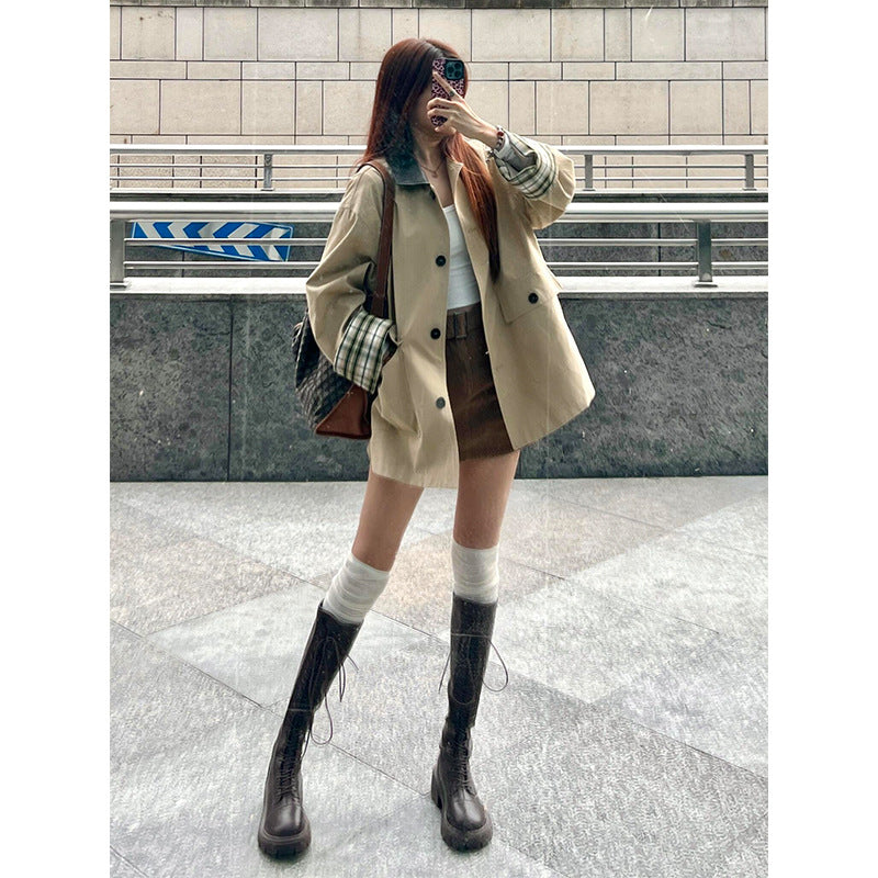 Damen Kurzjacke im Oversize-Boxy-Schnitt mit karierten Aufschlagmanschetten und Pattentaschen Shop Nory