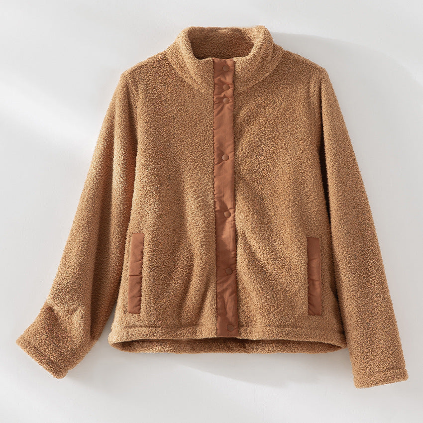 Damen kuschelige Teddy-Fleecejacke mit Stehkragen, Druckknopf-Leiste und kontrastierten Tascheneinfassungen Shop Nory
