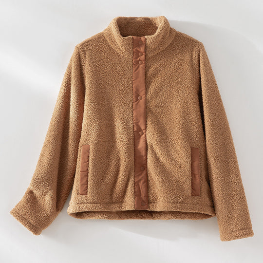 Damen kuschelige Teddy-Fleecejacke mit Stehkragen, Druckknopf-Leiste und kontrastierten Tascheneinfassungen Shop Nory