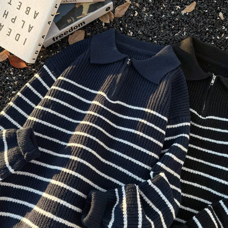 Unisex Grobgestrickter Oversize-Pullover mit halbem Reißverschluss und Polokragen Shop Nory