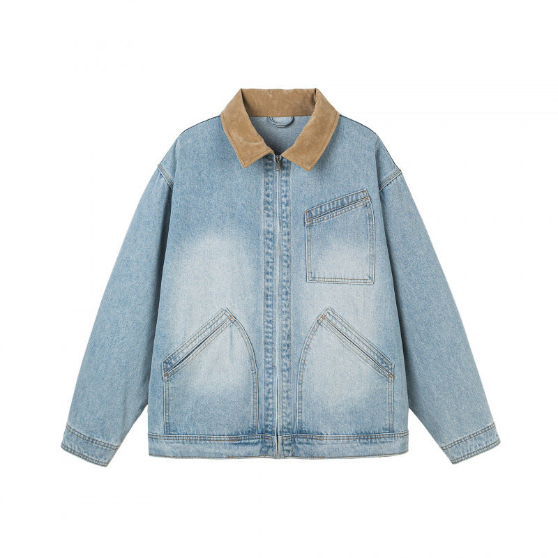 Herren Oversize-Denimjacke mit Cordkragen und diagonalem Brusttaschendetail Shop Nory