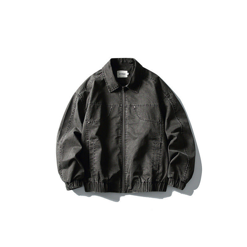 Unisex Kurze kastige Denim-Blousonjacke mit Reißverschluss, Hemdkragen und elastischem Saum Shop Nory