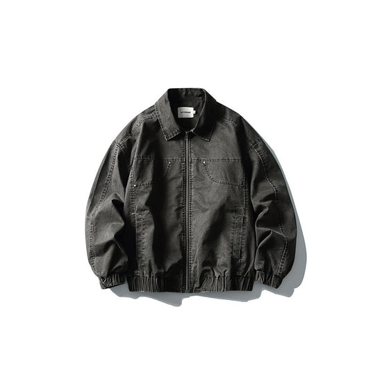 Unisex Kurze kastige Denim-Blousonjacke mit Reißverschluss, Hemdkragen und elastischem Saum Shop Nory