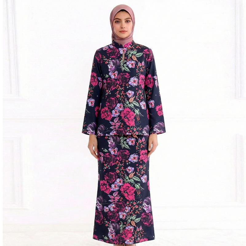Damen Zweiteiliges Modest-Set aus Tunika mit Stehkragen und geradem Maxirock mit Blumenprint Shop Nory