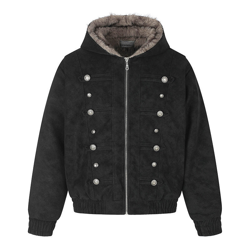 Damen Kapuzen-Bomberjacke aus Veloursimitat mit Kunstfell‑Futter und dekorativen Reliefknöpfen Shop Nory