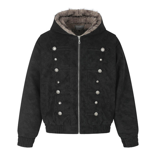 Damen Kapuzen-Bomberjacke aus Veloursimitat mit Kunstfell‑Futter und dekorativen Reliefknöpfen Shop Nory