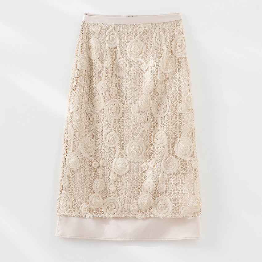 Damen Spitzen-Midirock mit floraler Häkelspitze und blickdichtem Futter Shop Nory