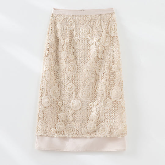 Damen Spitzen-Midirock mit floraler Häkelspitze und blickdichtem Futter Shop Nory