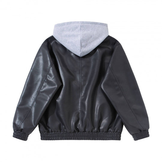 Unisex Oversize Kunstleder-Bomberjacke mit abgesetzter Kapuze, Reißverschluss und elastischem Saum Shop Nory