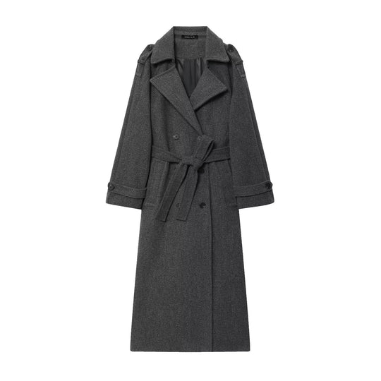 Damen Langer zweireihiger Wollmantel mit Taillengürtel und Schulterklappen Shop Nory