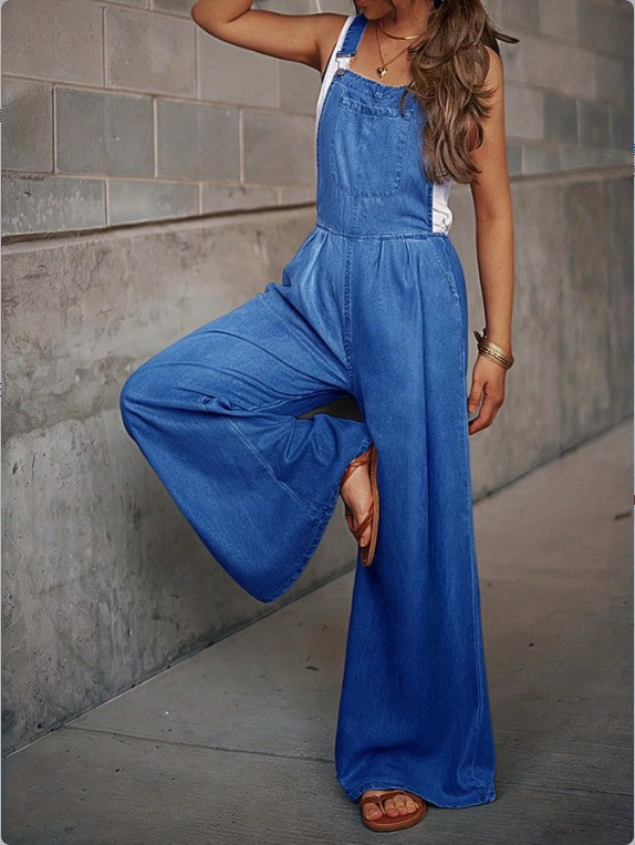 Damen Weite Denim-Latzhose im Palazzo-Schnitt mit verstellbaren Trägern Shop Nory
