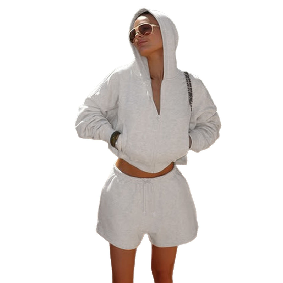 Damen nan kurzes Kapuzen-Hoodie und Drawstring-Shorts Lounge-Set mit durchgehendem Reißverschluss und taillenhohem Bindebund Shop Nory