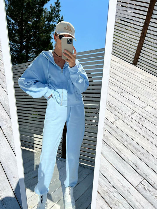 Damen lässiges Kapuzen-Sweatshirt und Jogginghose Set in Oversize-Passform mit Reißverschluss und Kängurutasche Shop Nory