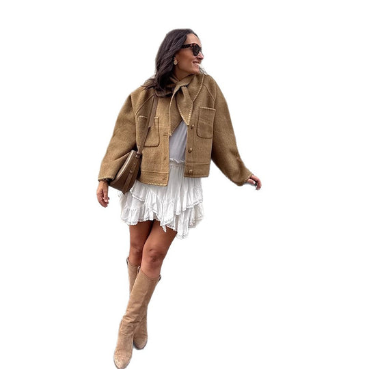 Damen Kurzjacke aus Wollmix mit angedeutetem Schalkragen, Ziernaht und kastigem Cropped-Schnitt Shop Nory