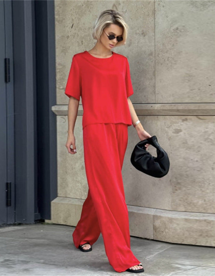 Damen elegantes und fließendes Zweiteiler-Set mit lockerem Oberteil und weiten Hosen Shopnory