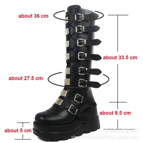 Damen Plateau-Kniehohe Gothic-Bikerstiefel mit mehrfachen Schnallen und Metallplatten Shop Nory