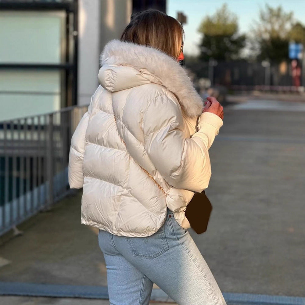 Damen Kurze gesteppte Daunenjacke mit voluminösem Kunstfell-Schalkragen und taillierendem Schnitt Shop Nory
