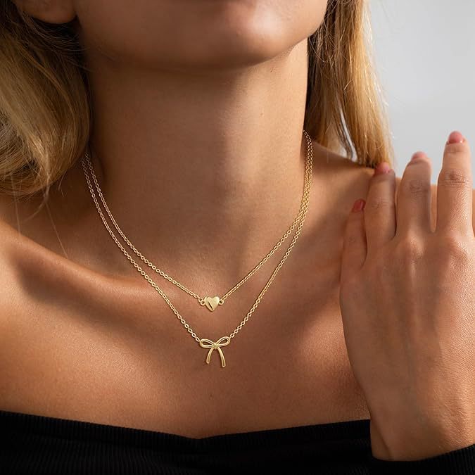 Damen Halskette mit doppellagigem Herz- und Schleifenanhänger Shop Nory