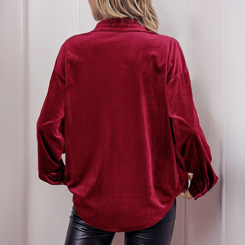 Damen Samtbluse mit Brusttasche, legerer Hemdkragen und Knopfleiste Shop Nory