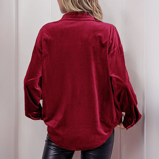 Damen Samtbluse mit Brusttasche, legerer Hemdkragen und Knopfleiste Shop Nory