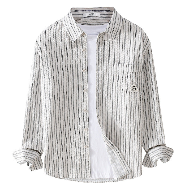 Herren Leichtes gestreiftes Baumwoll‑Leinen Layering‑Overshirt mit Kentkragen, Brusttasche und Crinkle‑Struktur Shop Nory