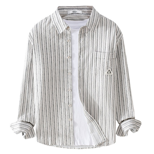 Herren Leichtes gestreiftes Baumwoll‑Leinen Layering‑Overshirt mit Kentkragen, Brusttasche und Crinkle‑Struktur Shop Nory
