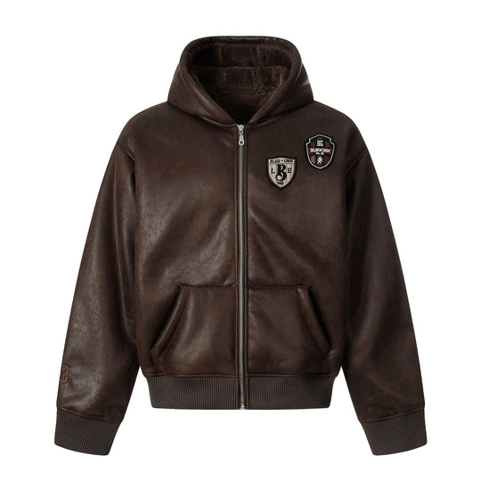 Herren Kapuzen-Lederblouson mit Teddyfutter und Rippbündchen Shop Nory