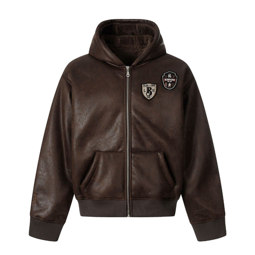 Herren Kapuzen-Lederblouson mit Teddyfutter und Rippbündchen Shop Nory