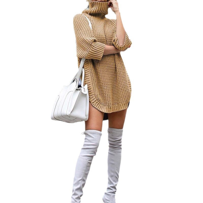Damen Strick-Minikleid mit grobem Waffelstrick, Rollkragen und verlängertem Rückensaum Shop Nory