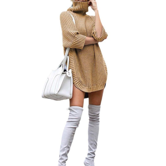 Damen Strick-Minikleid mit grobem Waffelstrick, Rollkragen und verlängertem Rückensaum Shop Nory