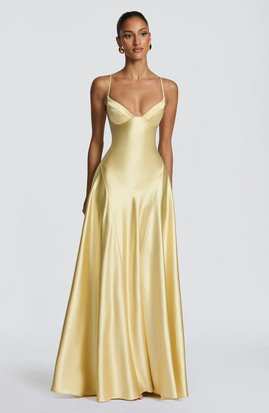Damen elegantes Satin-Maxikleid mit raffinierten Spaghettiträgern