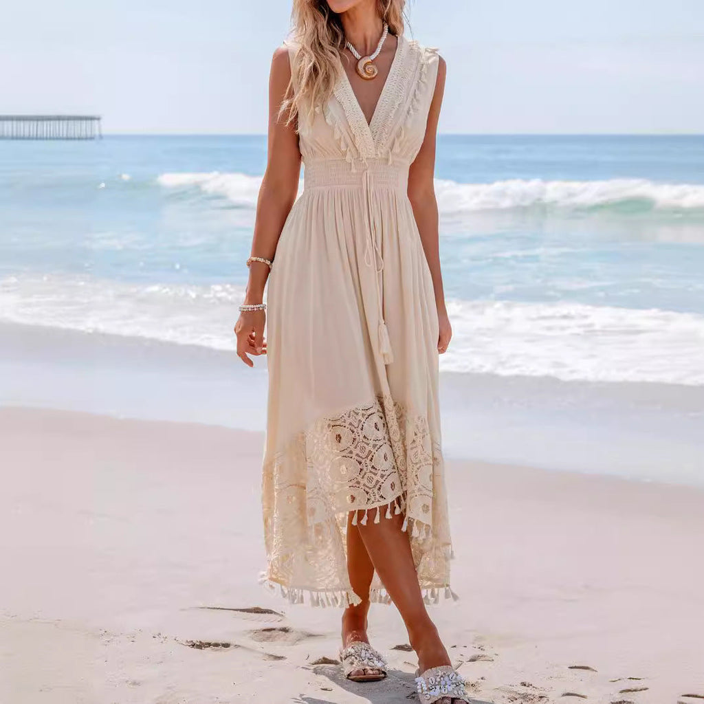Damen Bohemian Maxikleid mit Spitzen- und Rüschendetails Shopnory