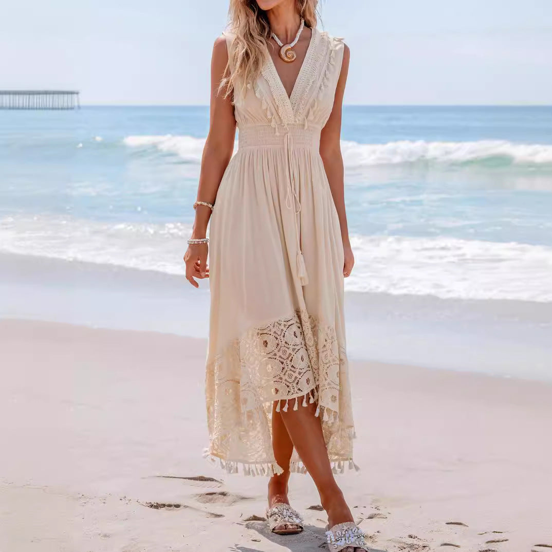 Damen Bohemian Maxikleid mit Spitzen- und Rüschendetails Shopnory