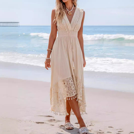 Damen Bohemian Maxikleid mit Spitzen- und Rüschendetails Shopnory