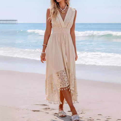 Damen Bohemian Maxikleid mit Spitzen- und Rüschendetails Shopnory