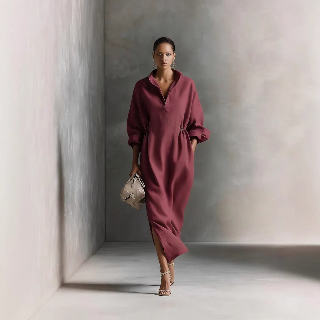 Damen stilvolles Midikleid mit Bindegürtel und klassischem Kragen