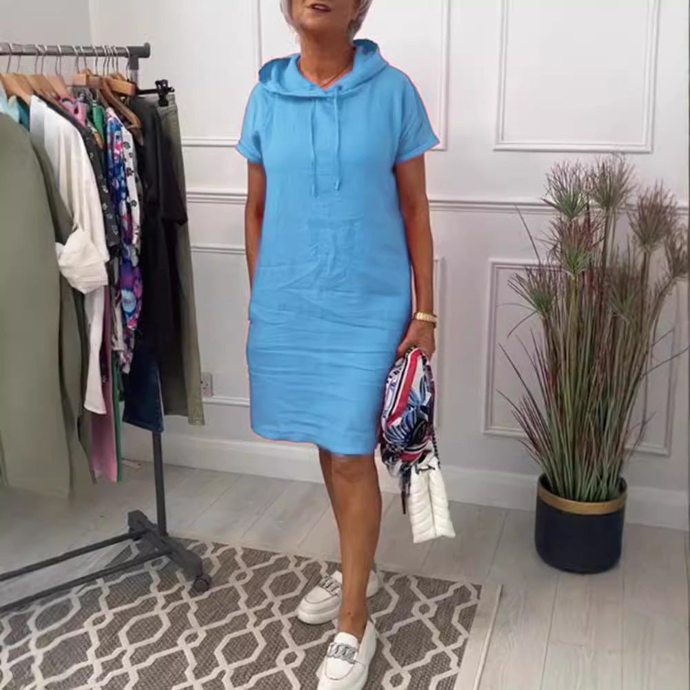 Damen nan legeres Kapuzenkleid mit kurzem Ärmel, geradem Schnitt und Kordelzug