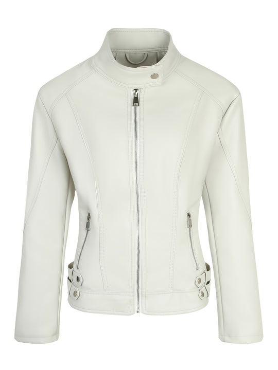 Damen Kurze taillierte Motorjacke aus Kunstleder mit Stehkragen und Schnallgurten Shop Nory