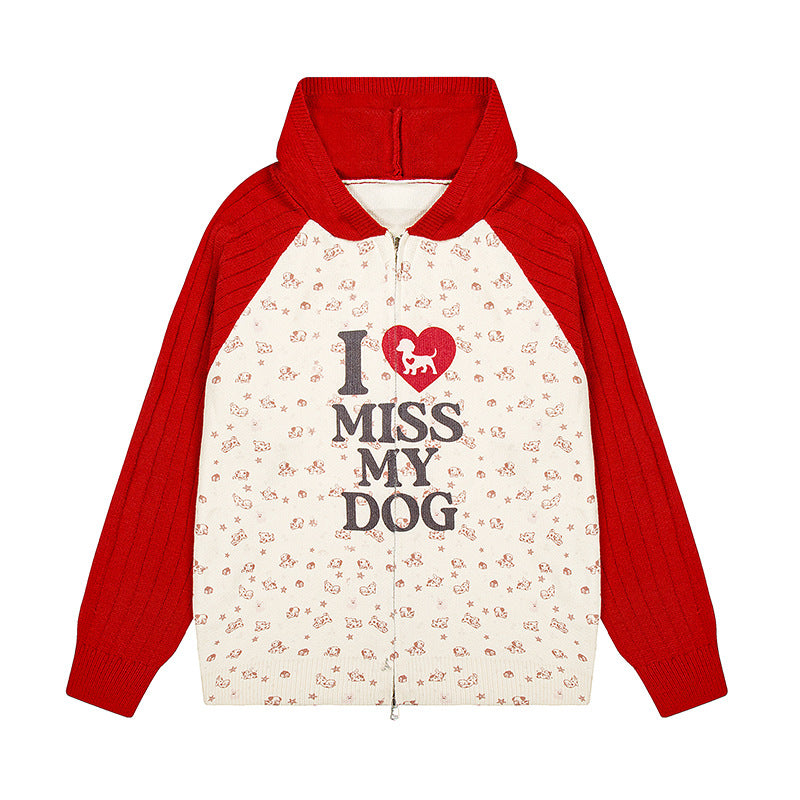 Damen Kapuzen‑Strickjacke mit durchgehendem Reißverschluss, gerippten Ärmeln und Hunde‑Statement‑Print Shop Nory