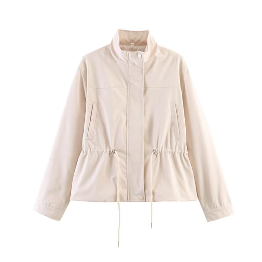 Damen Leichte Windbreaker-Übergangsjacke mit Tunnelzugtaillierung und Stehkragen Shop Nory