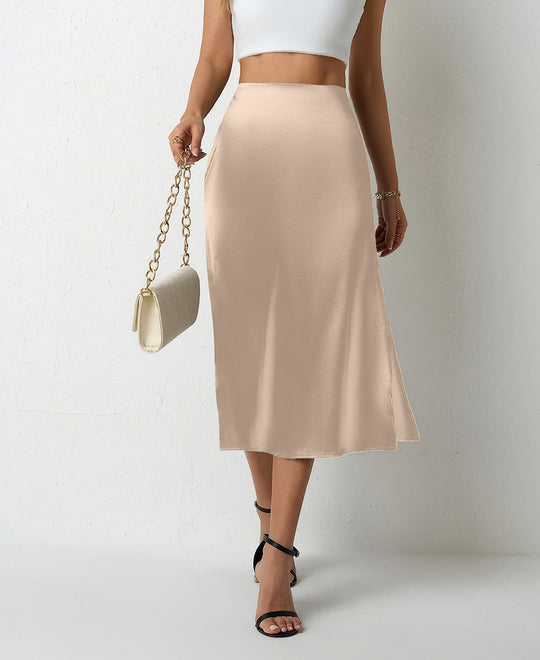 Damen eleganter Satin-Midirock mit fließendem Schnitt und hohem Bund