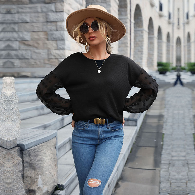 Damen Feinstrickpullover mit transparenten Chiffon-Ärmeln und Punktapplikationen Shop Nory