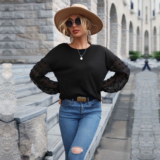 Damen Feinstrickpullover mit transparenten Chiffon-Ärmeln und Punktapplikationen Shop Nory