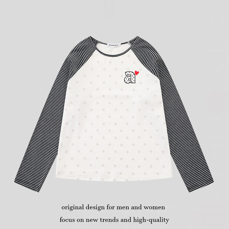 Damen Raglan-Langarmshirt mit gestreiften Ärmeln, Sternen-Allover und Buchstaben-Applikation Shop Nory