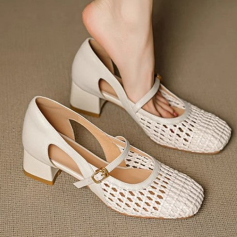 Damen elegante Mary Jane Pumps mit modischem Geflecht und bequemem Blockabsatz