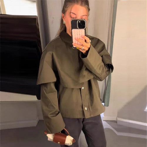 Damen Kurztrenchjacke mit Cape-Overlay und Oversize-Ärmeln Shop Nory