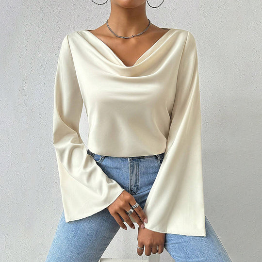 Damen Bluse mit Wasserfallkragen, weiten Trompetenärmeln und fließender Satinoptik Shop Nory