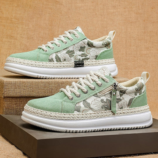 Damen gestickte Espadrille-Plateau-Sneaker mit floralem Jacquard, geflochtener Kordelsohle und gepolstertem Innenfutter Shop Nory