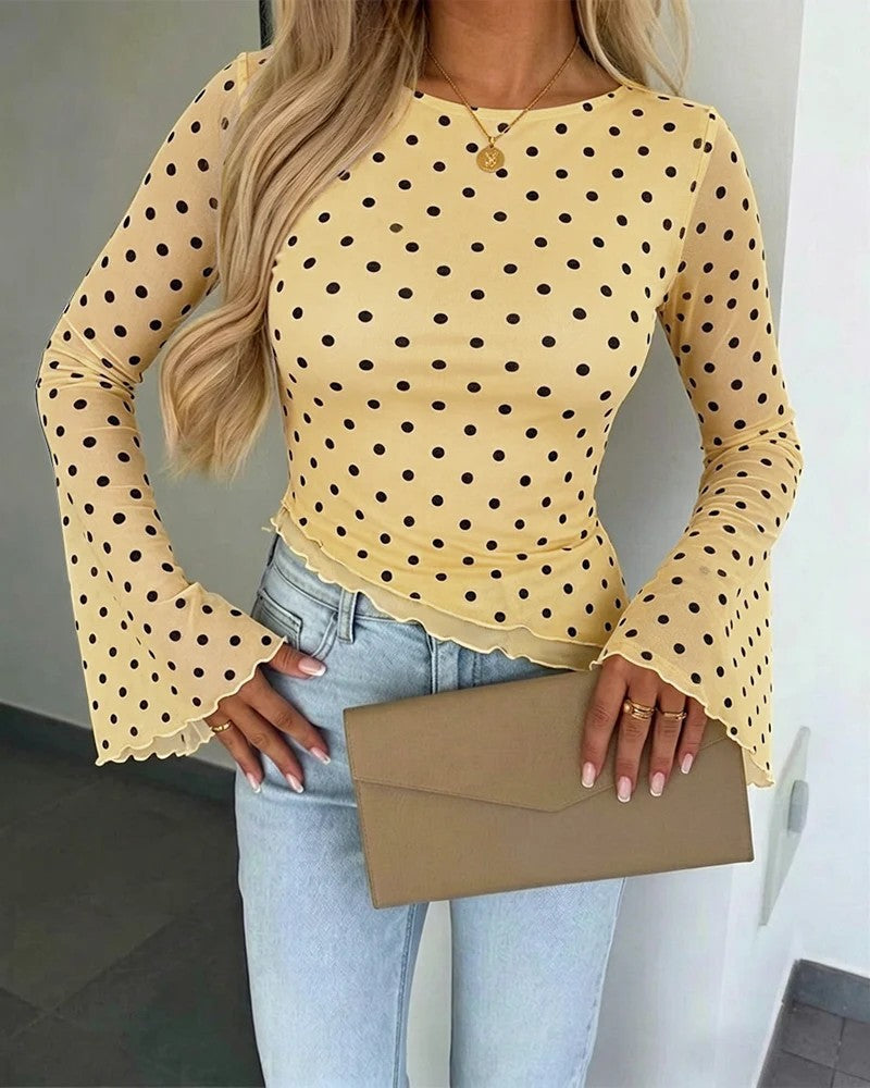 Damen Transparente Mesh-Polka‑Dot-Bluse mit taillierter Passform und Glockenärmeln Shop Nory